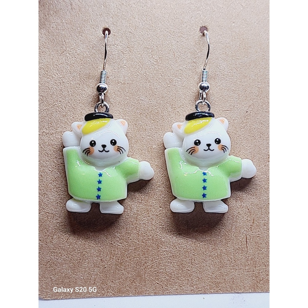 Handmade White Cat in Green Jacket Yellow Beret Resin Drop Dangle Earrings‎